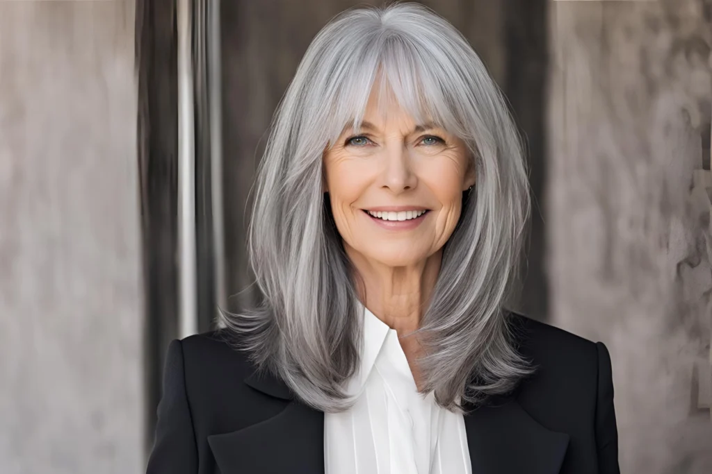 Grey Hair with Subtle Layers and Bangs over 50