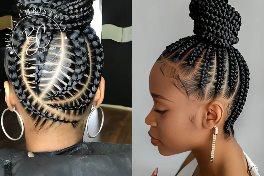 High ponytails or topknots made with lemonade braids