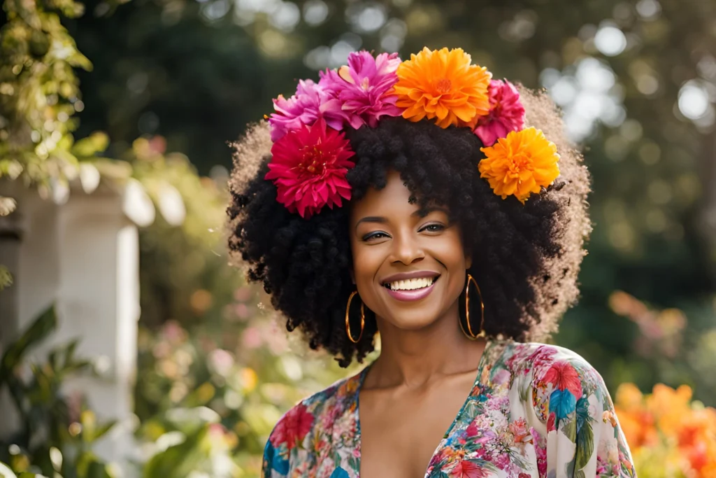 Curly Afro with Flower Accessory for Black Women