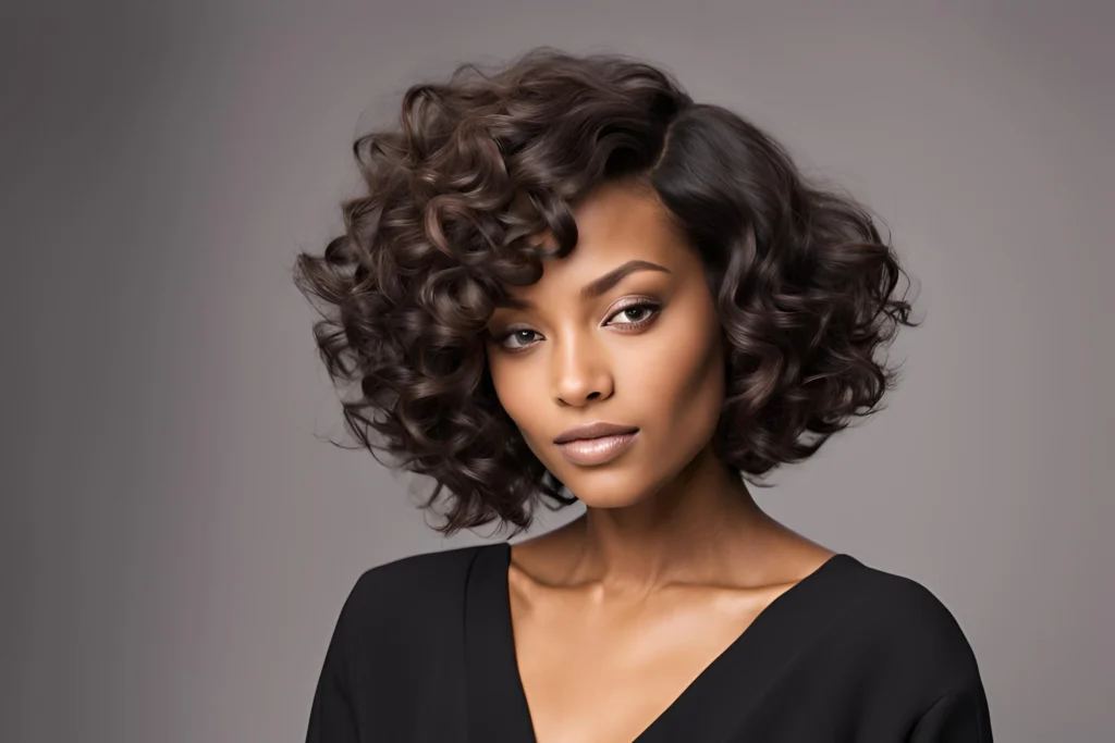 Curly Bob with a Deep Side Part for Black Women