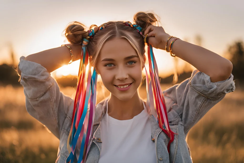 Double Space Buns with Ribbons for girls