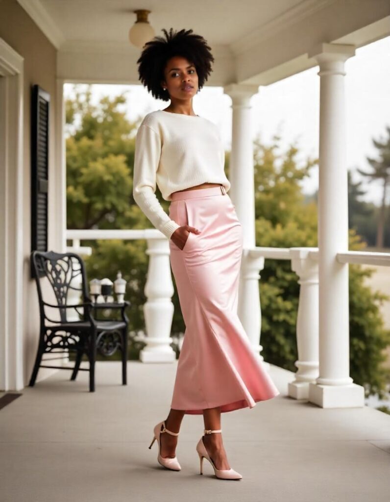 Elegant and Feminine Valentine’s Day Look with a Satin Skirt