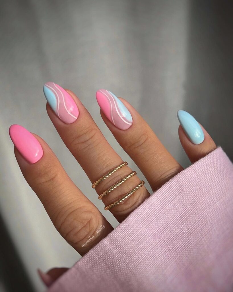 Soft Pink Nails Waves with a Hint of Blue