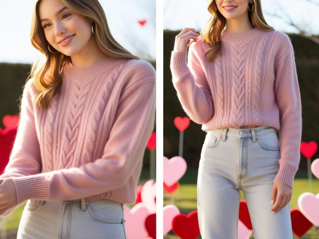 Outfit for valentine's Day soft pink sweater with high-waisted jeans