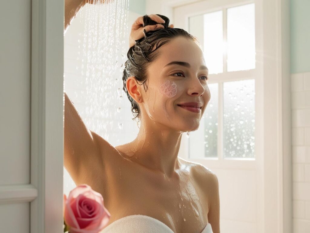 Refreshing shower, using a scented rose or vanilla body wash