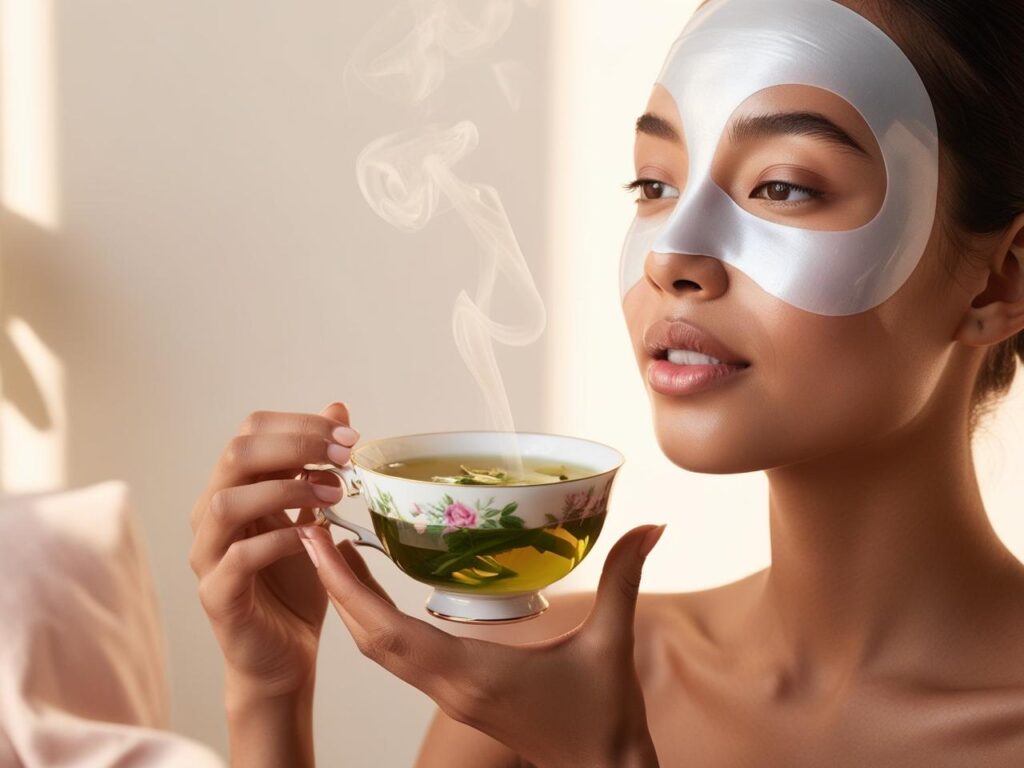 apply a hydrating sheet mask while sipping on a cup of green tea