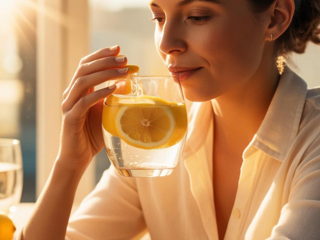 drinking a glass of warm lemon water